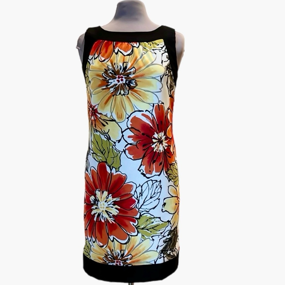 AB Studio Red, Orange, Yellow & Green on White w/Black Trim Sleeveless Dress 10